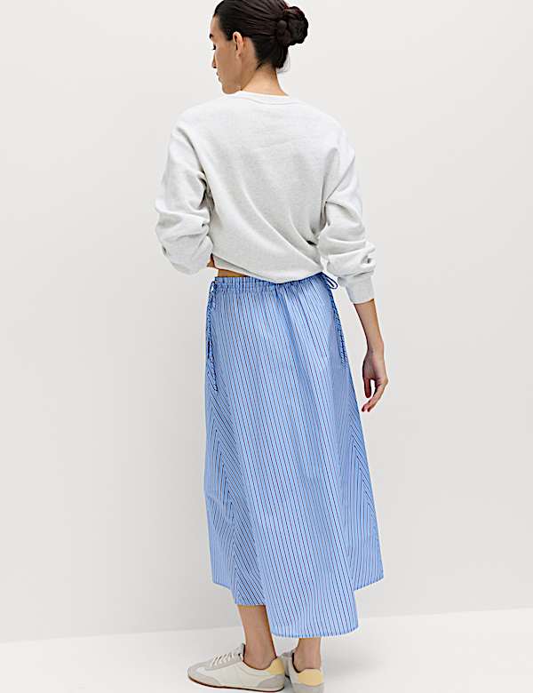 Pure Cotton Poplin Striped Pleated Midi Skirt - FI