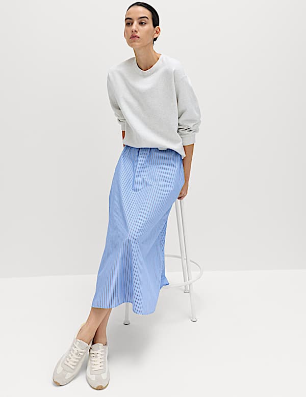 Pure Cotton Poplin Striped Pleated Midi Skirt - FI