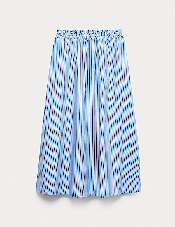 Pure Cotton Poplin Striped Pleated Midi Skirt - FI