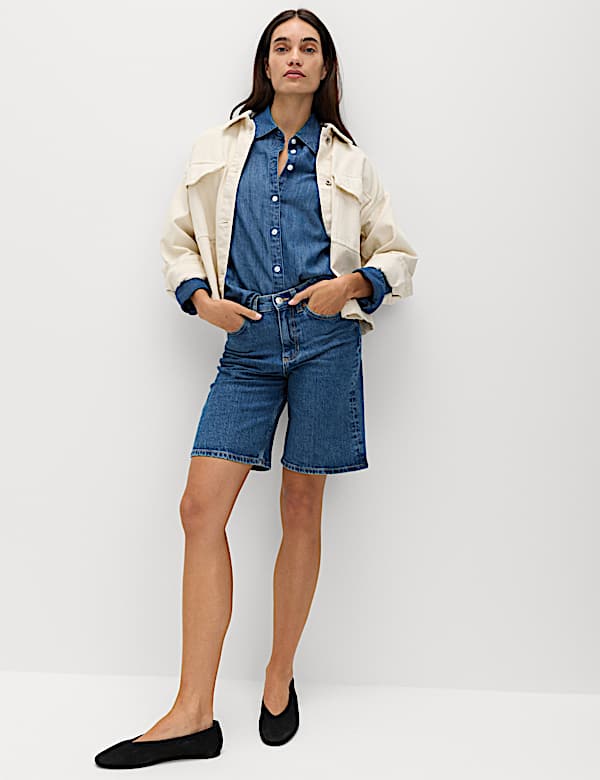 Bermudov&eacute; &scaron;ortky s vysok&yacute;m pasem a p&aacute;skem, z čist&eacute; bavlny - CZ