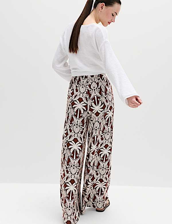 Printed Pull On Wide Leg Trousers - US