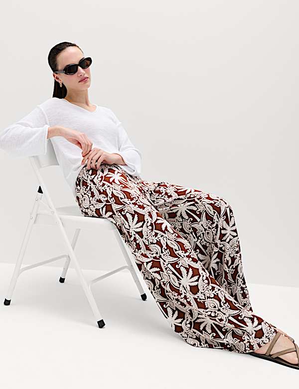 Printed Pull On Wide Leg Trousers - US