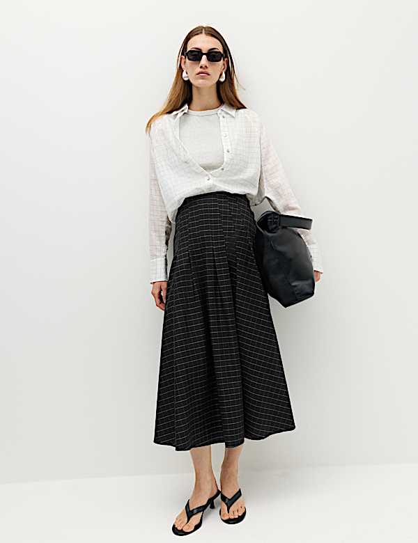 Cotton Rich Checked Button Detail Maxi Skirt