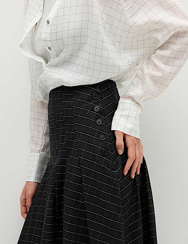 Cotton Rich Checked Button Detail Maxi Skirt - DK