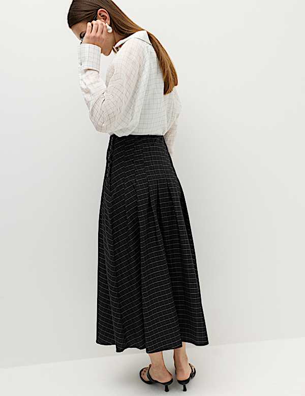 Cotton Rich Checked Button Detail Maxi Skirt - DK