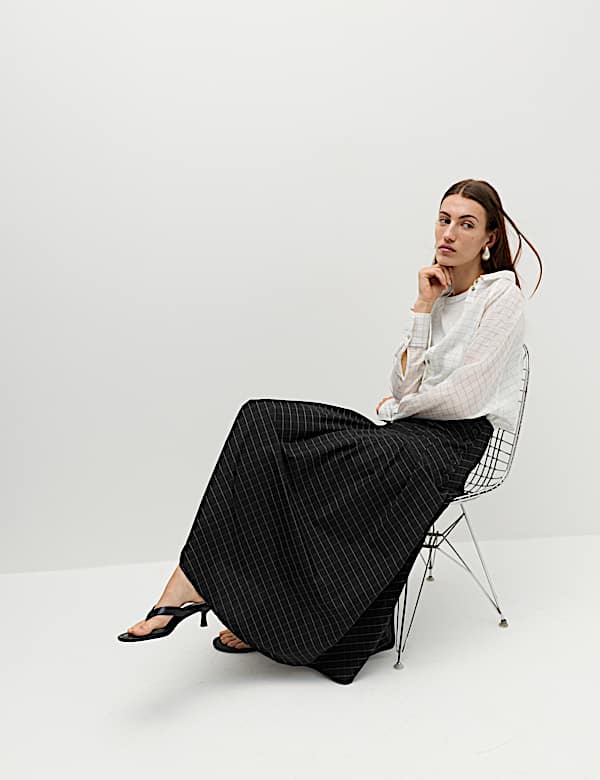 Cotton Rich Checked Button Detail Maxi Skirt - DK