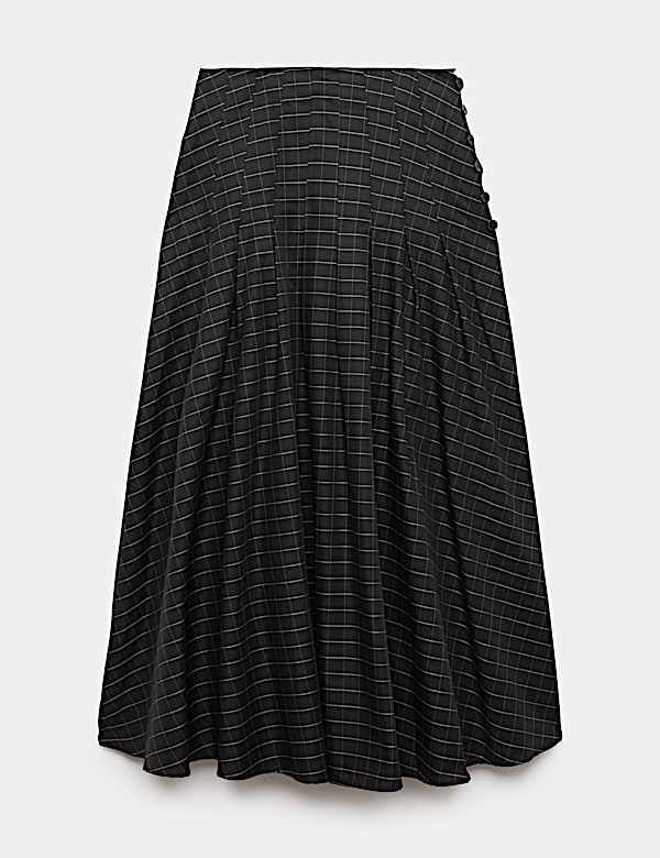 Cotton Rich Checked Button Detail Maxi Skirt - DK