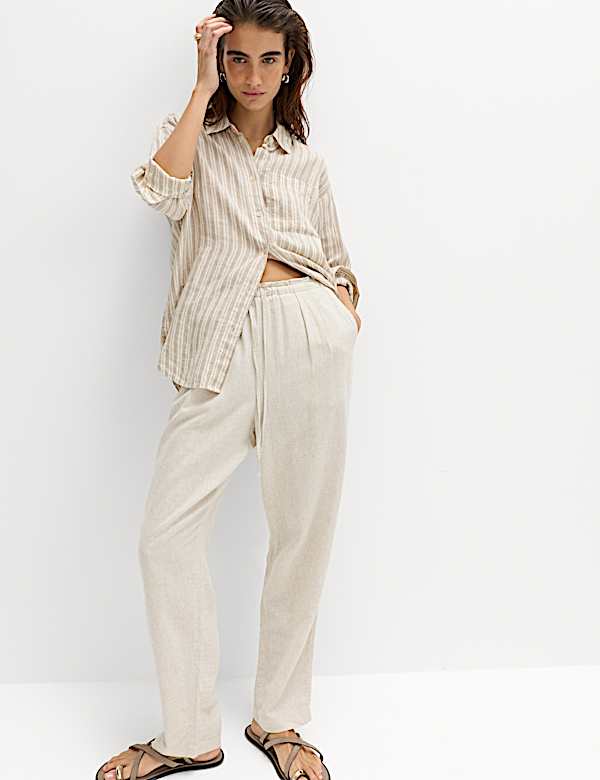 Linen Rich Elasticated Waist Tapered Trousers