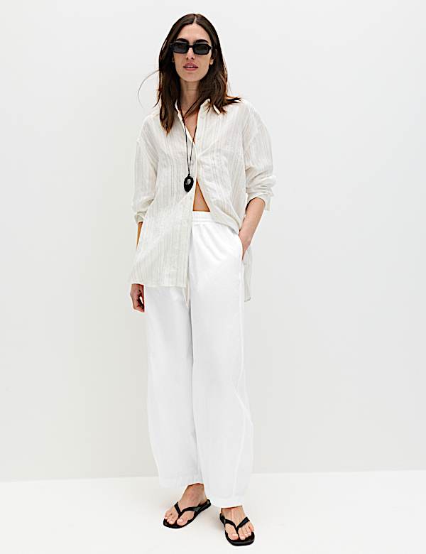 Pure Cotton Drawstring Barrel Leg Ankle Grazer Trousers