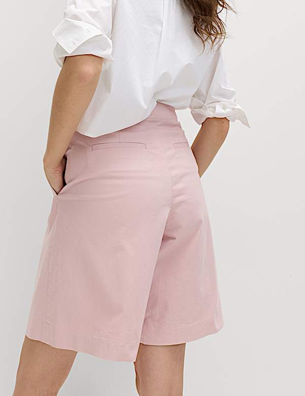 Cotton Rich High Waisted Pleat Front Bermuda Shorts - US
