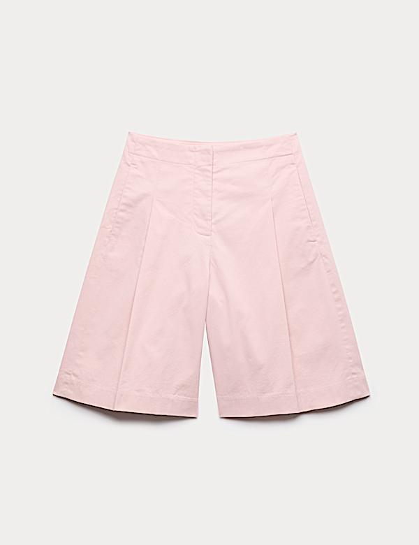Cotton Rich High Waisted Pleat Front Bermuda Shorts - US