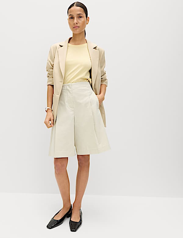 Cotton Rich High Waisted Pleat Front Bermuda Shorts - CY