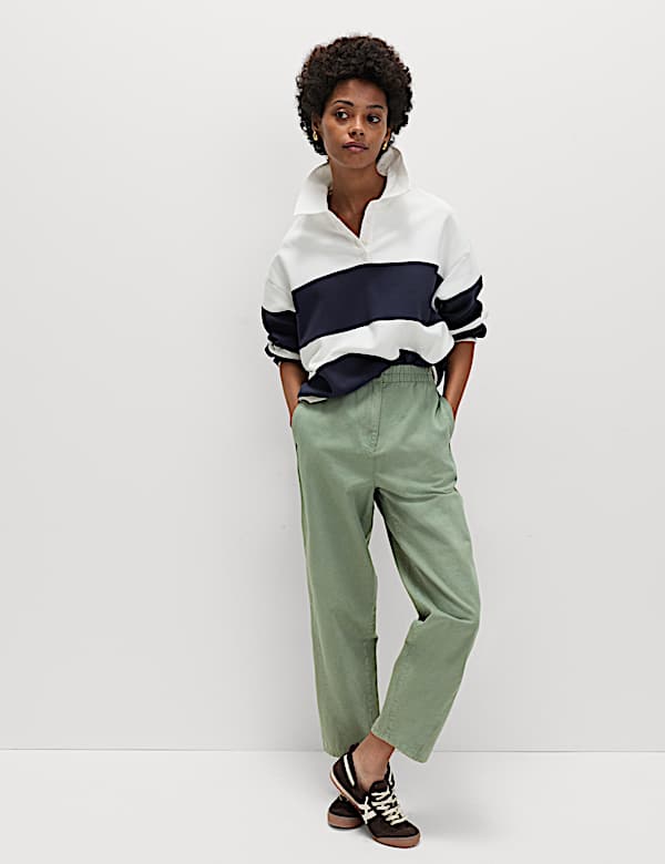 Pure Cotton Elasticated Waist Carrot Leg Trousers - US