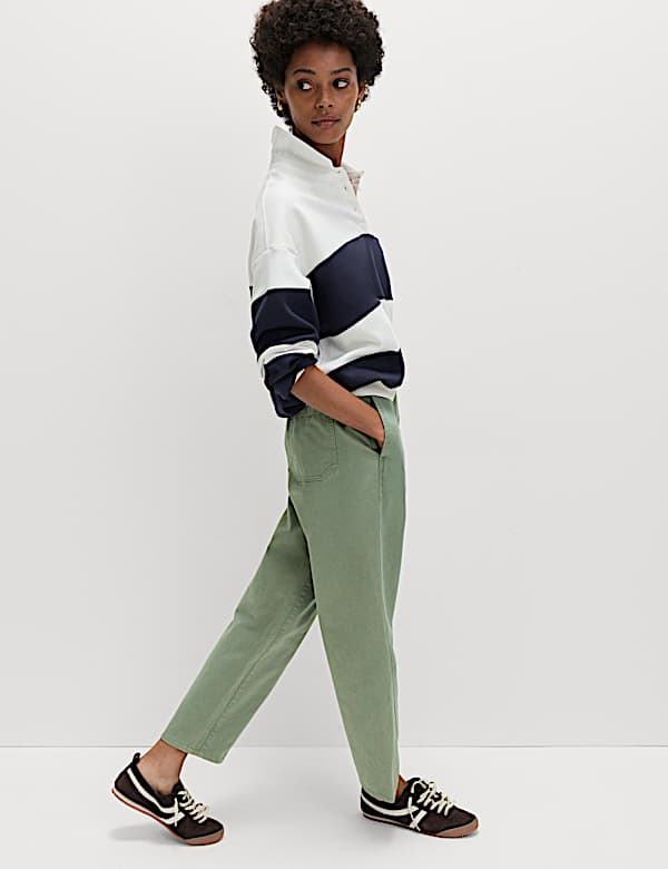 Pure Cotton Elasticated Waist Carrot Leg Trousers - US