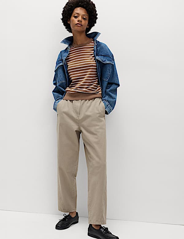 Pure Cotton Elasticated Waist Carrot Leg Trousers
