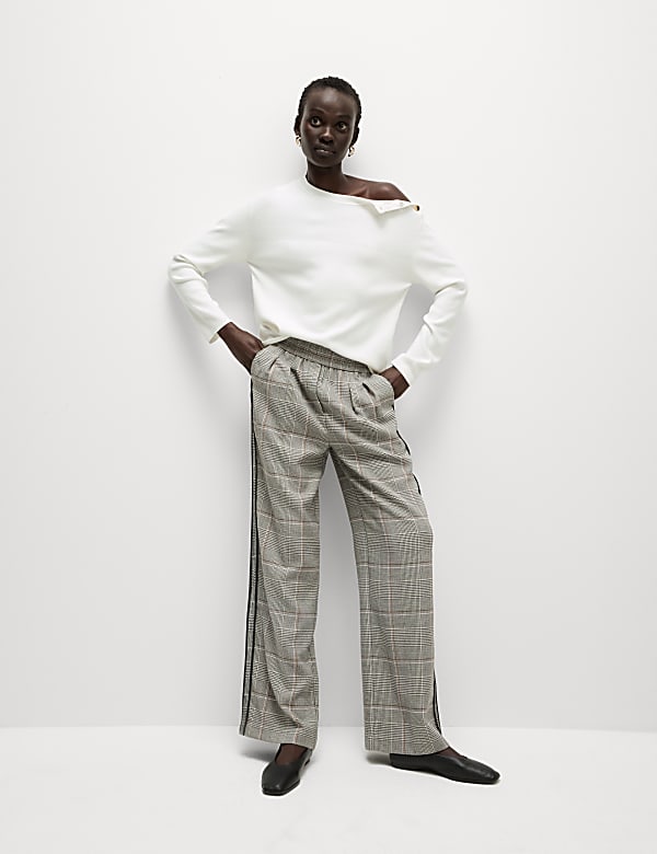 Checked Pull On Wide Leg Trousers