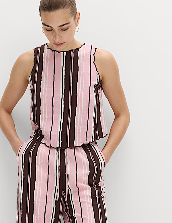 Linen Rich Striped Wide Leg Trousers
