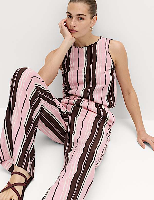 Linen Rich Striped Wide Leg Trousers