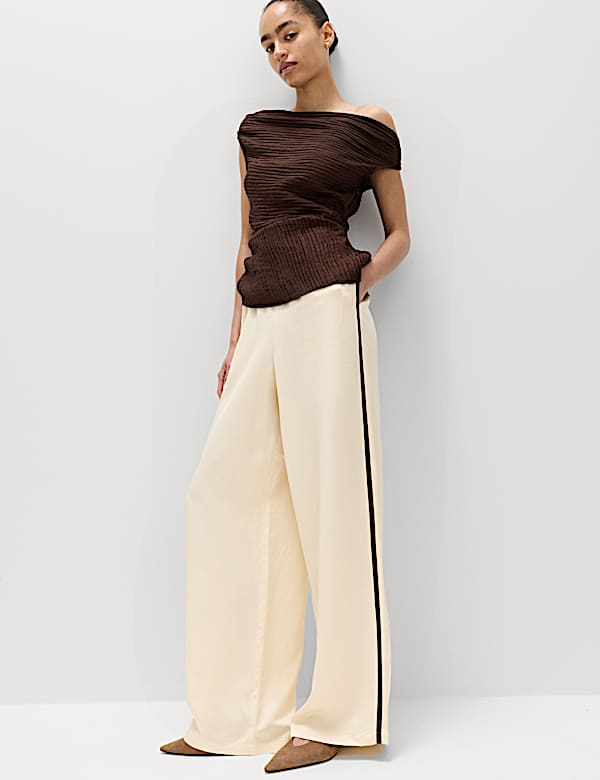 Side Stripe Wide Leg Trousers with Linen