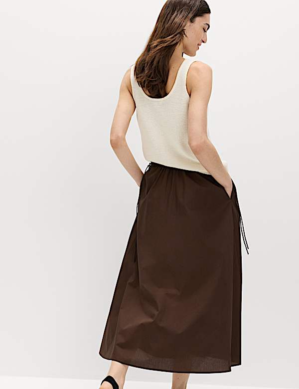 Pure Cotton Poplin Tie Side Midi Skirt - US
