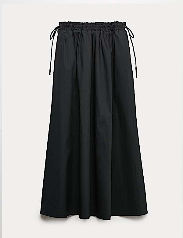 Pure Cotton Poplin Tie Side Midi Skirt - JO