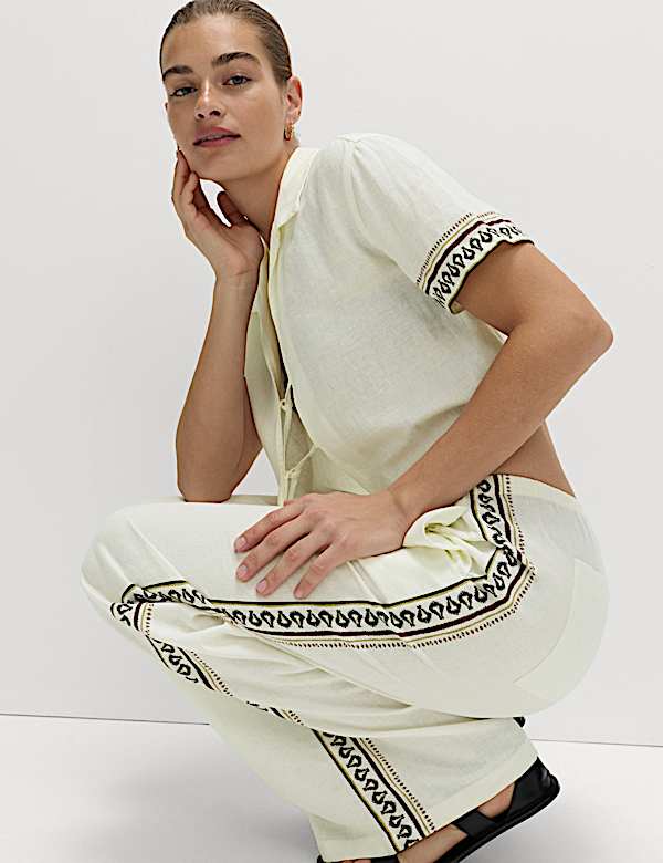 Linen Rich Side Detail Wide Leg Trousers