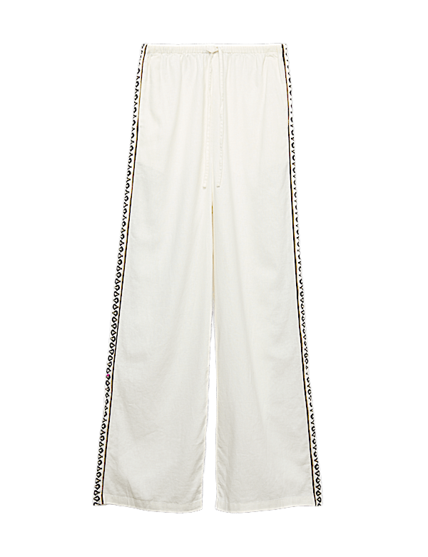 Linen Rich Side Detail Wide Leg Trousers