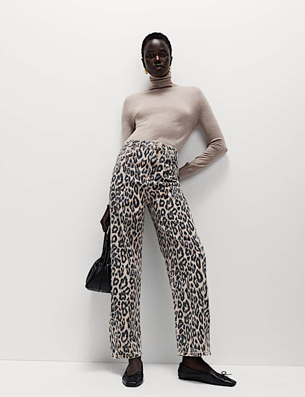 Jeans barrel de talle medio con estampado de animales - US