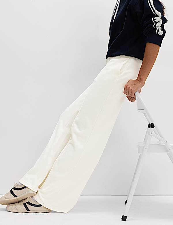 Cotton Blend Cosy Rib Pintuck Wide Leg Trousers