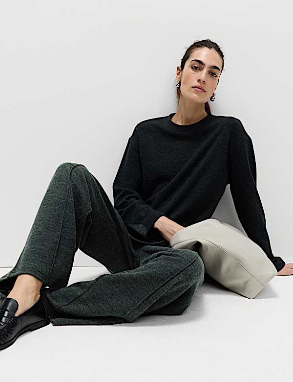 Cotton Blend Cosy Rib Pintuck Wide Leg Trousers