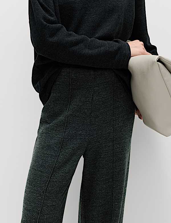Cotton Blend Cosy Rib Pintuck Wide Leg Trousers