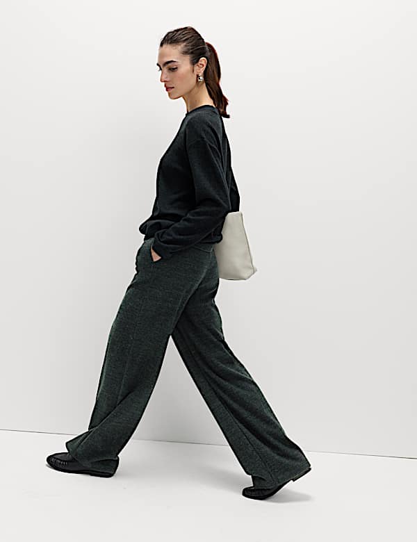 Cotton Blend Cosy Rib Pintuck Wide Leg Trousers