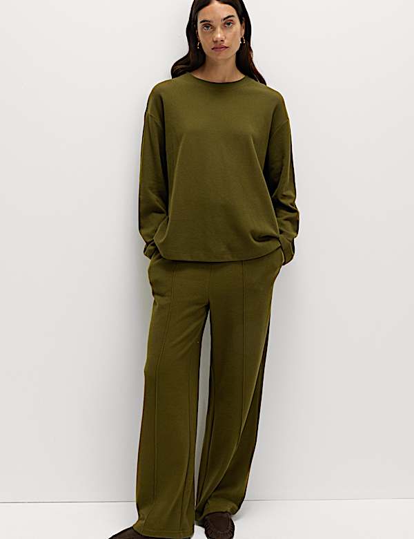 Cotton Blend Cosy Rib Pintuck Wide Leg Trousers - SE