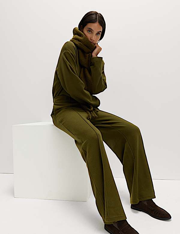 Cotton Blend Cosy Rib Pintuck Wide Leg Trousers - SE