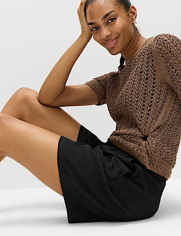 Pull On High Waisted Shorts with Linen