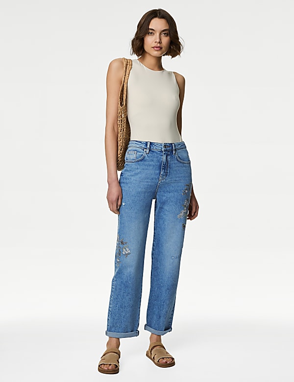 Boyfriend Embroidered Ankle Grazer Jeans