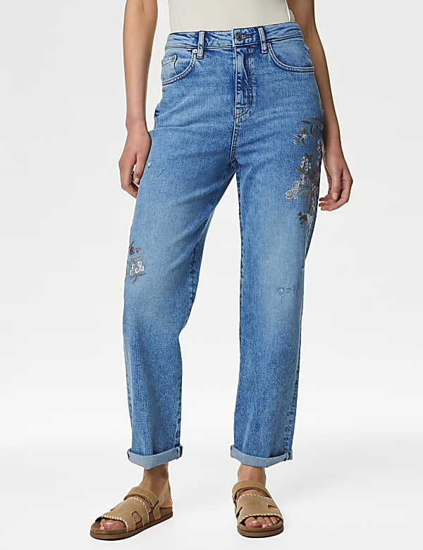 Boyfriend Embroidered Ankle Grazer Jeans