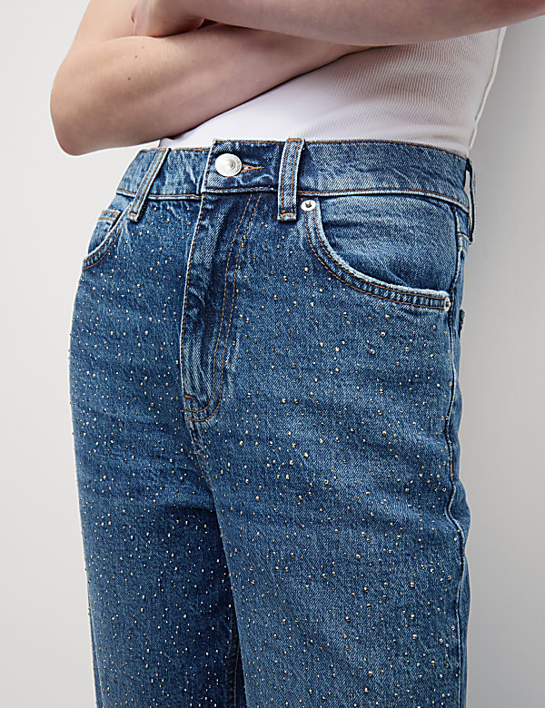Embellished High Waisted Ankle Grazer Jeans