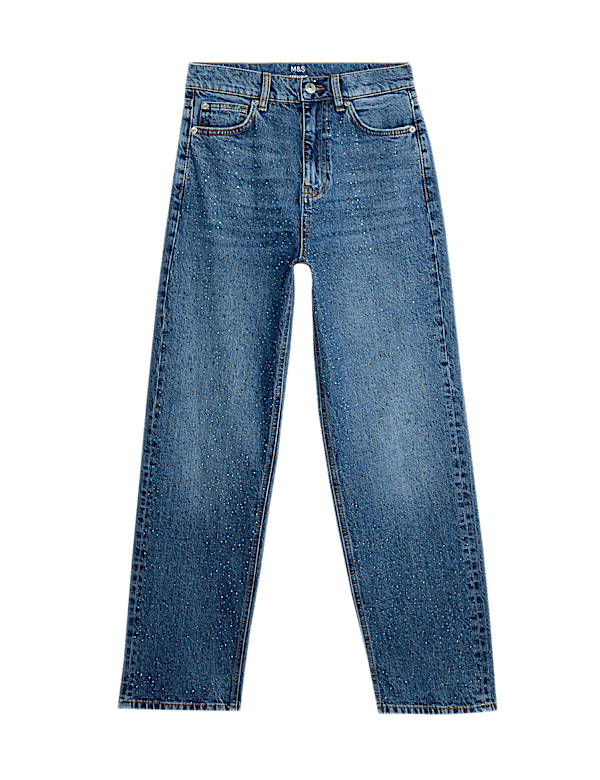 Embellished High Waisted Ankle Grazer Jeans