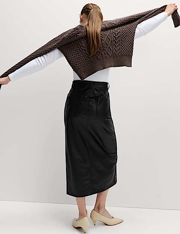 Faux Leather Midi Split Front A-Line Skirt