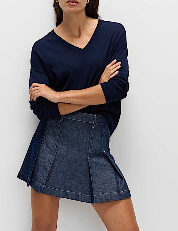 Cotton Rich Denim Pleated Mini Skirt - HR