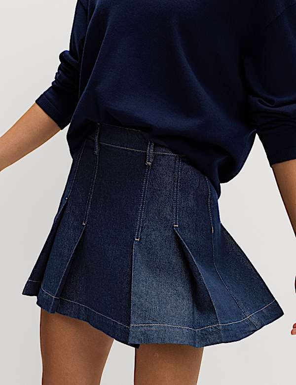 Cotton Rich Denim Pleated Mini Skirt - BN