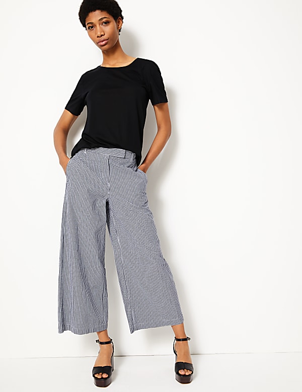 Pure Cotton Checked Cropped Culottes