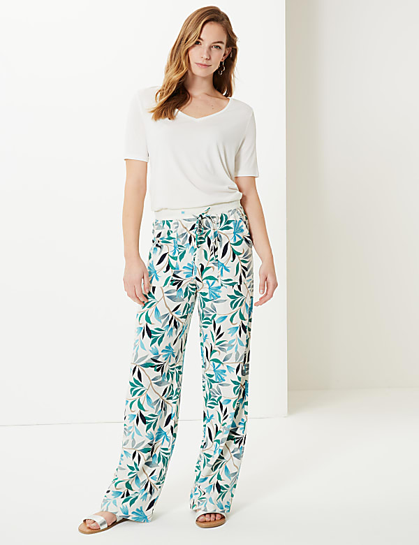 Linen Rich Leaf Print Wide Leg Trousers