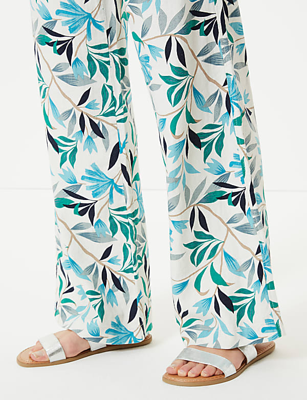 Linen Rich Leaf Print Wide Leg Trousers