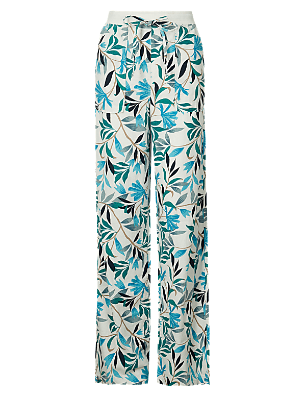 Linen Rich Leaf Print Wide Leg Trousers