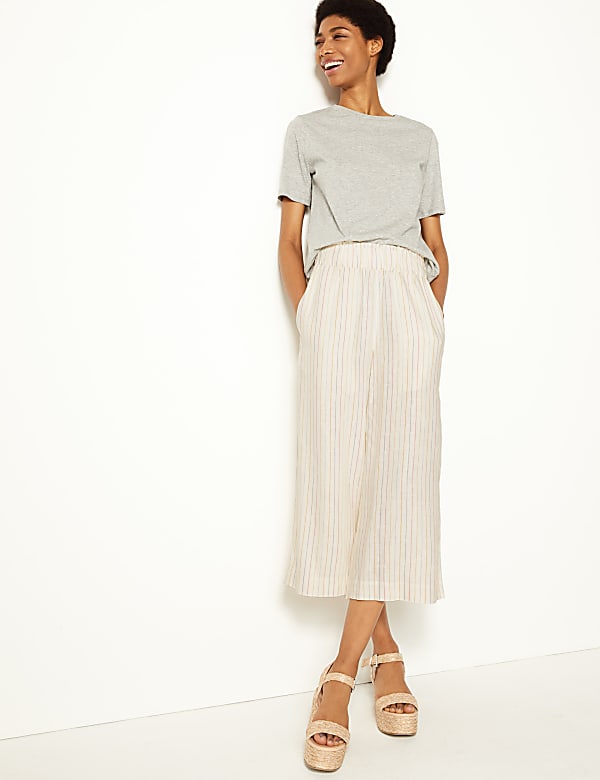 Buy Linen Blend Striped Cropped Trousers at Marks Spencer