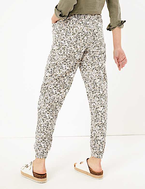 Linen Floral Drawstring Tapered Trousers