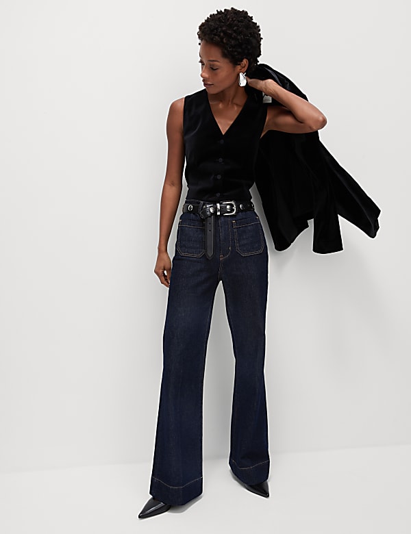 Patch Pocket Flare High Waisted Jeans - CY