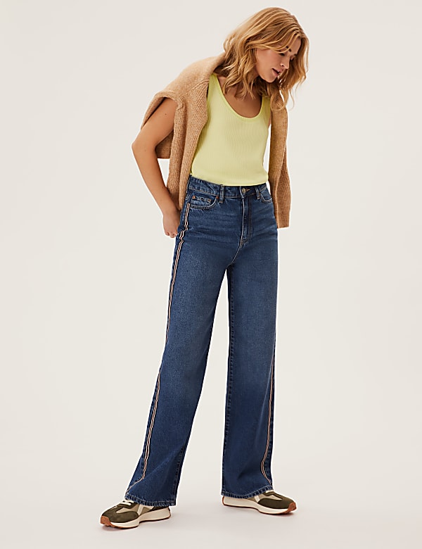 High Waisted Side Trim Wide Leg Jeans